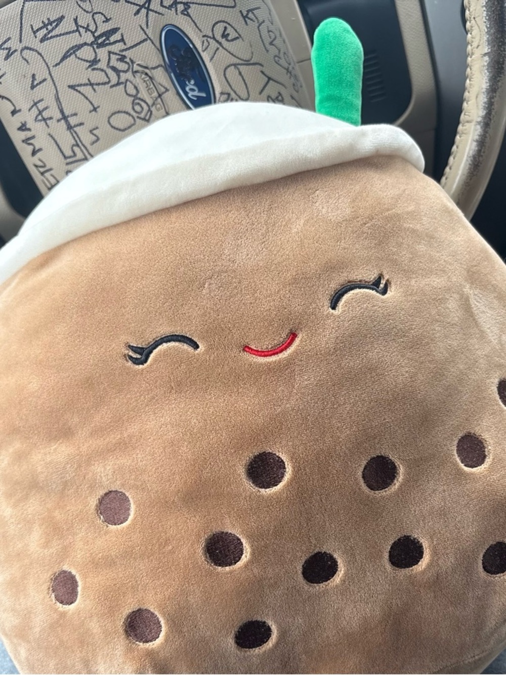 Squishmallows Brown Tan Bubble Tea Plush with White and Green Accent